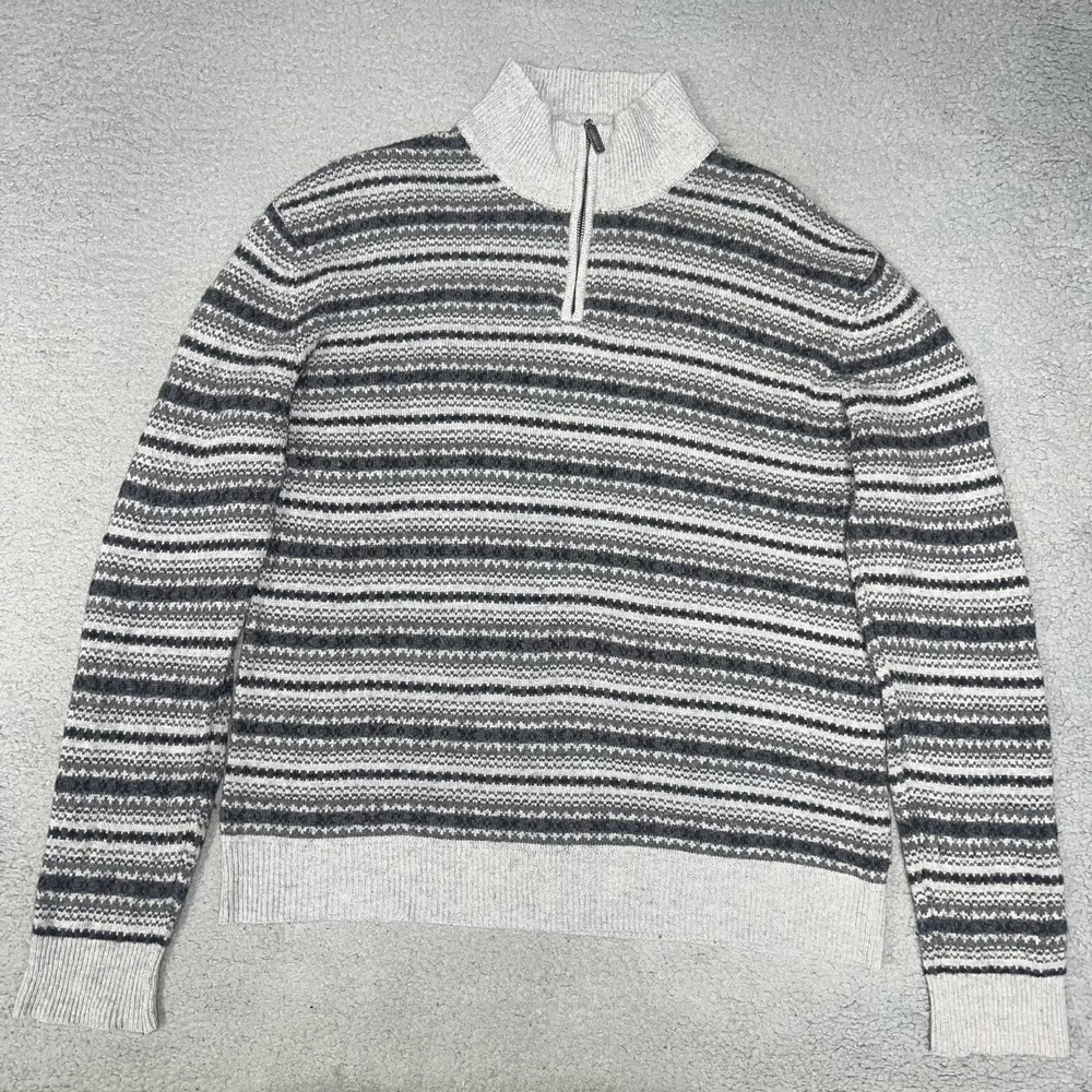 Blue Harbour Sweater Men XL Gray Striped Lambswool Blend 1/4 Zip Ribbed Pullover